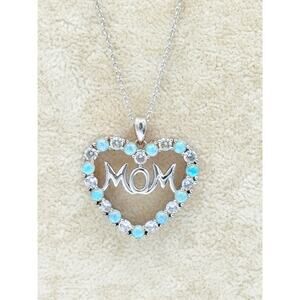 Sterling Silver MOM Heart Necklace w/ Opal & CZ Stones – Italy 925